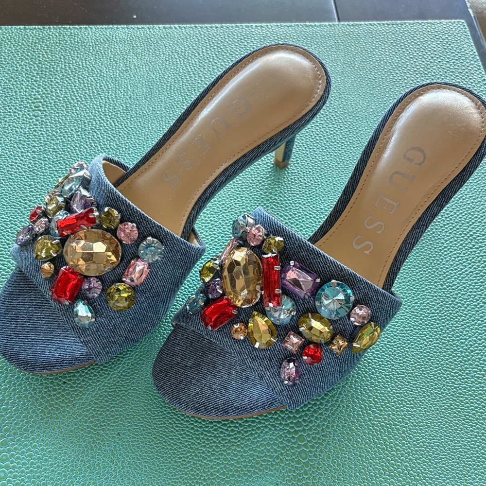 New in box Guess Women's Denim Heels with Colorful Embellishments